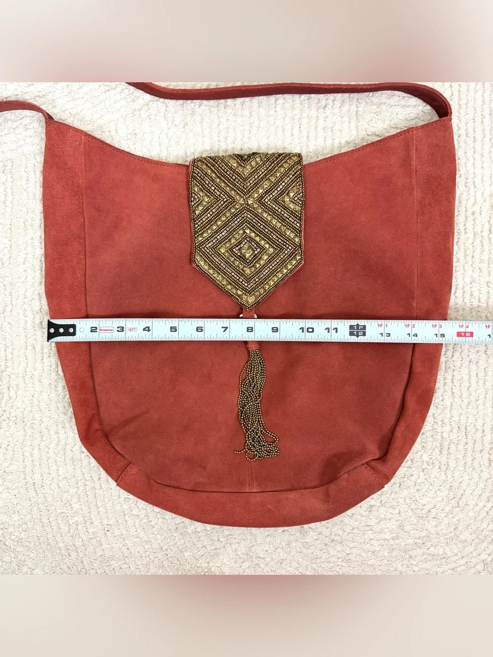 Anthropologie Nadia Suede Beaded Tassel Hobo Crossbody Bag Rust Orange